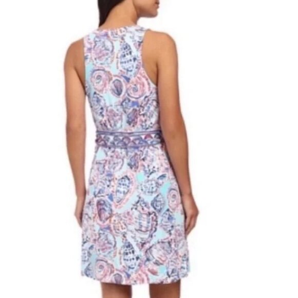 EUC Lilly Pulitzer BELLINA WRAP DRESS Shell Me About It Blue Pink Women's Large - Picture 7 of 12